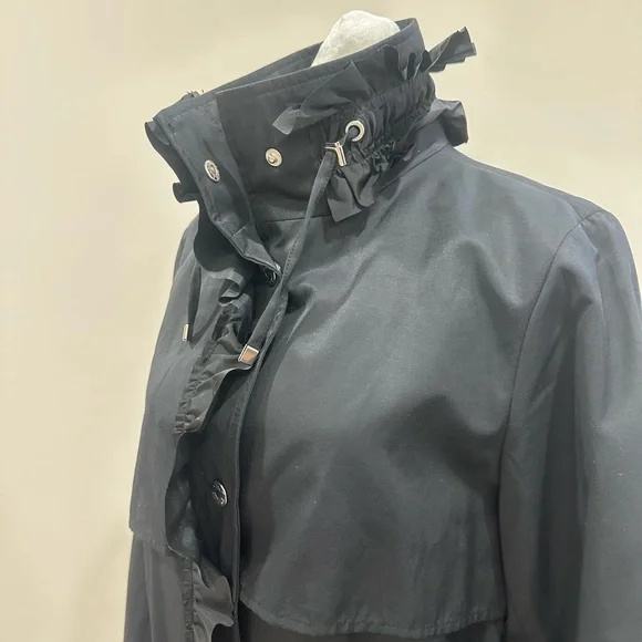 Betsy Johnson Women’s S Black Ruffle Trim Trench Coat‎ Adjustable Waist - Picture 4 of 14